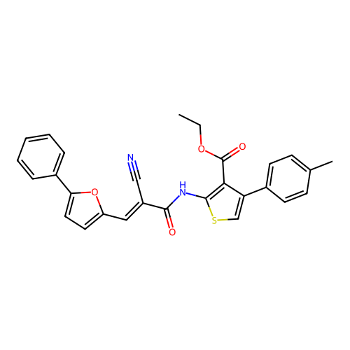 (E)-ethyl 2-(2-cyano-3-(5-phenylfuran-2-yl)acrylamido)-4-(p-tolyl)thiophene-3-carboxylate structure