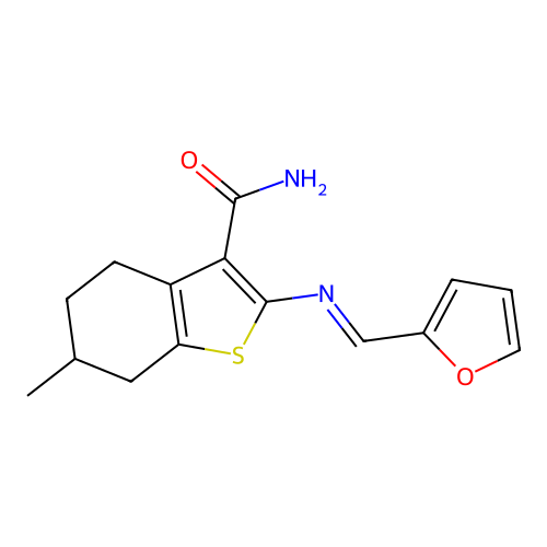 2-((furan-2-ylmethylene)amino)-6-methyl-4,5,6,7-tetrahydrobenzo[b]thiophene-3-carboxamide structure
