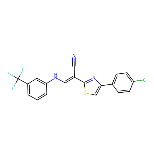 (E)-2-(4-(4-chlorophenyl)thiazol-2-yl)-3-((3-(trifluoromethyl)phenyl)amino)acrylonitrile structure