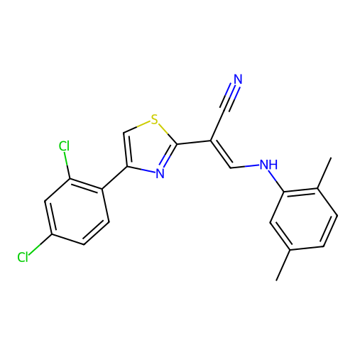(E)-2-(4-(2,4-dichlorophenyl)thiazol-2-yl)-3-((2,5-dimethylphenyl)amino)acrylonitrile structure