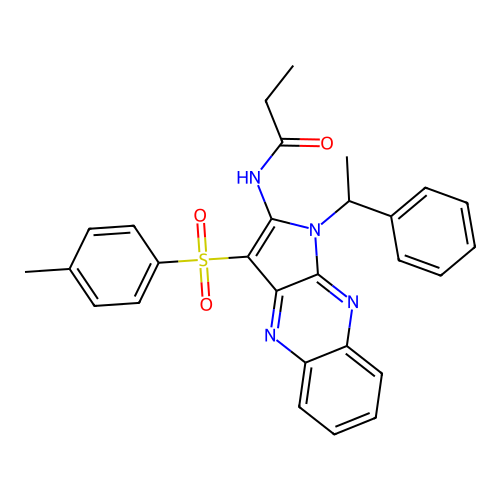 N-(1-(1-phenylethyl)-3-tosyl-1H-pyrrolo[2,3-b]quinoxalin-2-yl)propionamide structure