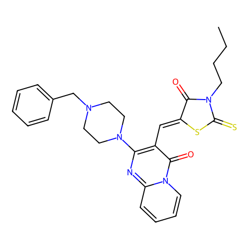 2-(4-benzylpiperazin-1-yl)-3-[(Z)-(3-butyl-4-oxo-2-thioxo-1,3-thiazolidin-5-ylidene)methyl]-4H-pyrido[1,2-a]pyrimidin-4-one structure