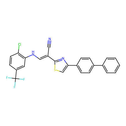 (2E)-2-[4-(biphenyl-4-yl)-1,3-thiazol-2-yl]-3-{[2-chloro-5-(trifluoromethyl)phenyl]amino}prop-2-enenitrile structure
