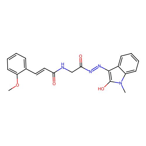 (2E)-3-(2-methoxyphenyl)-N-{2-[(2Z)-2-(1-methyl-2-oxo-1,2-dihydro-3H-indol-3-ylidene)hydrazinyl]-2-oxoethyl}prop-2-enamide (non-preferred name) structure