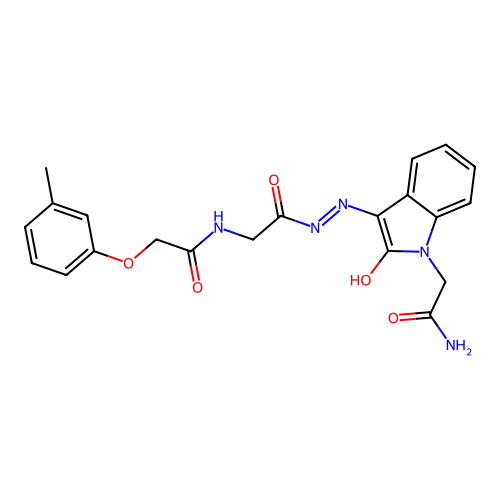 2-[3-[[2-[[2-(3-methylphenoxy)acetyl]amino]acetyl]hydrazinylidene]-2-oxo-indol-1-yl]acetamide structure