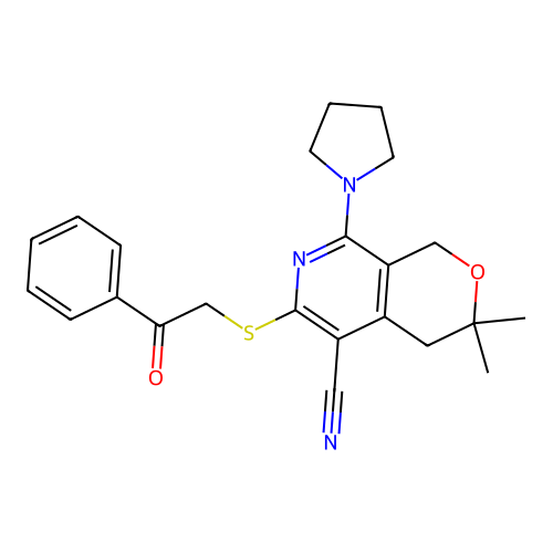 3,3-dimethyl-6-((2-oxo-2-phenylethyl)thio)-8-(pyrrolidin-1-yl)-3,4-dihydro-1H-pyrano[3,4-c]pyridine-5-carbonitrile structure