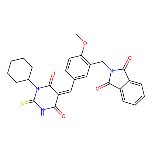 (Z)-2-(5-((1-cyclohexyl-4,6-dioxo-2-thioxotetrahydropyrimidin-5(2H)-ylidene)methyl)-2-methoxybenzyl)isoindoline-1,3-dione structure