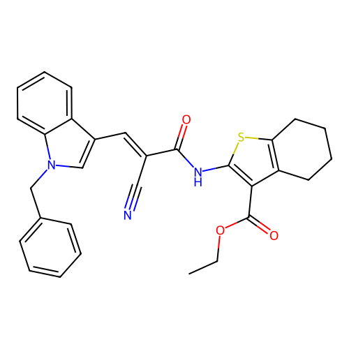 (E)-ethyl 2-(3-(1-benzyl-1H-indol-3-yl)-2-cyanoacrylamido)-4,5,6,7-tetrahydrobenzo[b]thiophene-3-carboxylate structure