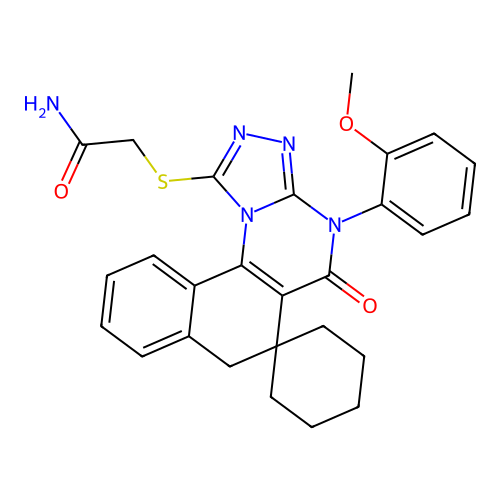 2-((4-(2-methoxyphenyl)-5-oxo-5,7-dihydro-4H-spiro[benzo[h][1,2,4]triazolo[4,3-a]quinazoline-6,1'-cyclohexan]-1-yl)thio)acetamide structure