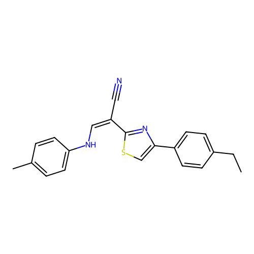 (Z)-2-(4-(4-ethylphenyl)thiazol-2-yl)-3-(p-tolylamino)acrylonitrile structure
