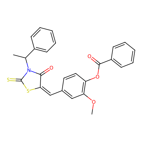 (E)-2-methoxy-4-((4-oxo-3-(1-phenylethyl)-2-thioxothiazolidin-5-ylidene)methyl)phenyl benzoate structure