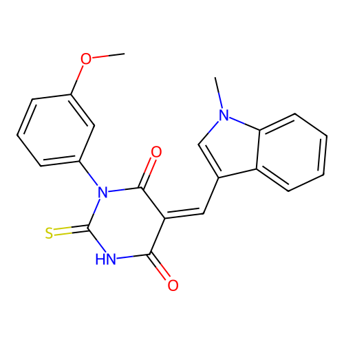 (Z)-1-(3-methoxyphenyl)-5-((1-methyl-1H-indol-3-yl)methylene)-2-thioxodihydropyrimidine-4,6(1H,5H)-dione structure