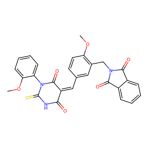 (Z)-2-(2-methoxy-5-((1-(2-methoxyphenyl)-4,6-dioxo-2-thioxotetrahydropyrimidin-5(2H)-ylidene)methyl)benzyl)isoindoline-1,3-dione structure