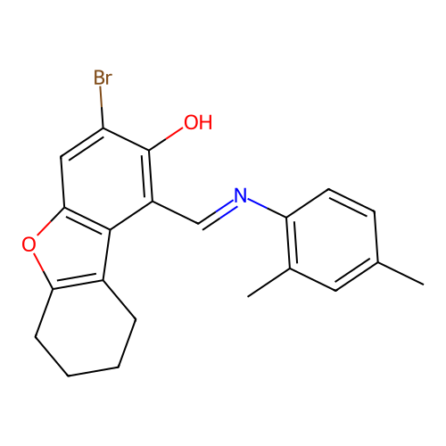 (1E)-3-bromo-1-[(2,4-dimethylanilino)methylidene]-6,7,8,9-tetrahydrodibenzofuran-2-one structure