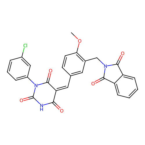 (Z)-1-(3-chlorophenyl)-5-(3-((1,3-dioxoisoindolin-2-yl)methyl)-4-methoxybenzylidene)pyrimidine-2,4,6(1H,3H,5H)-trione structure