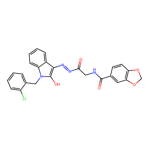 (Z)-N-(2-(2-(1-(2-chlorobenzyl)-2-oxoindolin-3-ylidene)hydrazinyl)-2-oxoethyl)benzo[d][1,3]dioxole-5-carboxamide structure