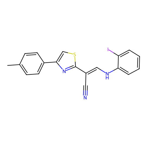 (E)-3-((2-iodophenyl)amino)-2-(4-(p-tolyl)thiazol-2-yl)acrylonitrile structure