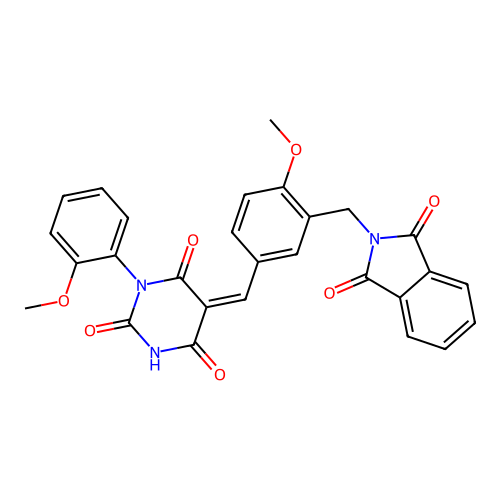 (Z)-5-(3-((1,3-dioxoisoindolin-2-yl)methyl)-4-methoxybenzylidene)-1-(2-methoxyphenyl)pyrimidine-2,4,6(1H,3H,5H)-trione structure