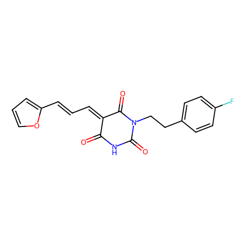 (5E)-1-[2-(4-fluorophenyl)ethyl]-5-[(2E)-3-(furan-2-yl)prop-2-en-1-ylidene]pyrimidine-2,4,6(1H,3H,5H)-trione structure