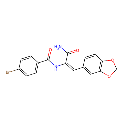 N-[1-(aminocarbonyl)-2-(1,3-benzodioxol-5-yl)vinyl]-4-bromobenzamide structure