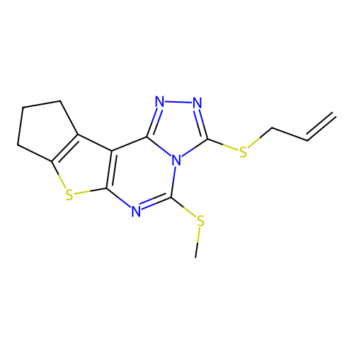 3-(allylthio)-5-(methylthio)-9,10-dihydro-8H-cyclopenta[4,5]thieno[3,2-e][1,2,4]triazolo[4,3-c]pyrimidine structure