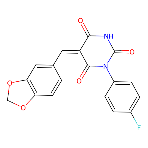 (5Z)-5-(1,3-benzodioxol-5-ylmethylidene)-1-(4-fluorophenyl)-1,3-diazinane-2,4,6-trione structure