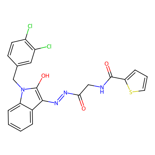 (Z)-N-(2-(2-(1-(3,4-dichlorobenzyl)-2-oxoindolin-3-ylidene)hydrazinyl)-2-oxoethyl)thiophene-2-carboxamide structure