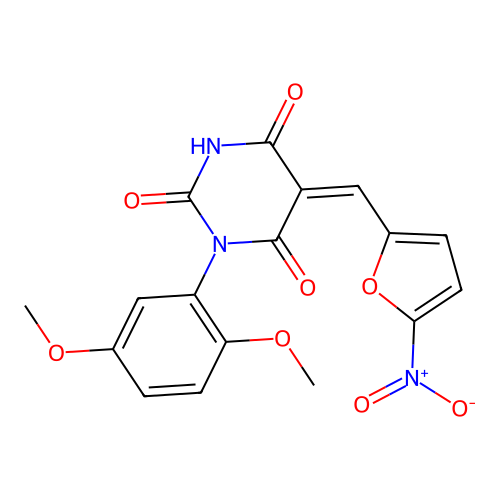 1-(2,5-dimethoxyphenyl)-5-[(5-nitro-2-furyl)methylidene]-1,3-diazinane-2,4,6-trione structure