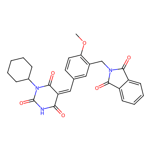 (5Z)-1-cyclohexyl-5-[[3-[(1,3-dioxoisoindol-2-yl)methyl]-4-methoxyphenyl]methylidene]-1,3-diazinane-2,4,6-trione structure