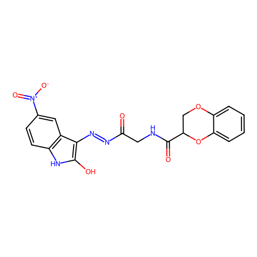 N-({N'-[(3E)-5-NITRO-2-OXO-2,3-DIHYDRO-1H-INDOL-3-YLIDENE]HYDRAZINECARBONYL}METHYL)-2,3-DIHYDRO-1,4-BENZODIOXINE-2-CARBOXAMIDE structure