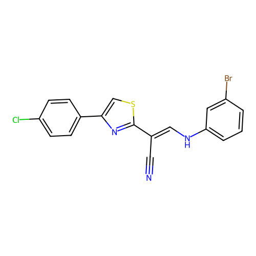 (2E)-3-[(3-bromophenyl)amino]-2-[4-(4-chlorophenyl)-1,3-thiazol-2-yl]prop-2-enenitrile structure