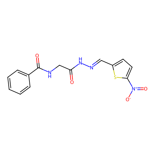 N-[2-[(2E)-2-[(5-nitrothiophen-2-yl)methylidene]hydrazinyl]-2-oxoethyl]benzamide structure