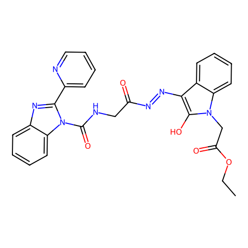 ethyl [(3Z)-2-oxo-3-{2-[({[2-(pyridin-2-yl)-1H-benzimidazol-1-yl]carbonyl}amino)acetyl]hydrazinylidene}-2,3-dihydro-1H-indol-1-yl]acetate structure