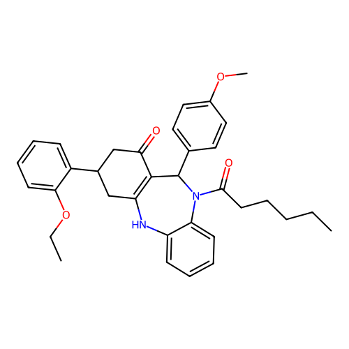 3-(2-ethoxyphenyl)-10-hexanoyl-11-(4-methoxyphenyl)-2,3,4,5,10,11-hexahydro-1H-dibenzo[b,e][1,4]diazepin-1-one structure