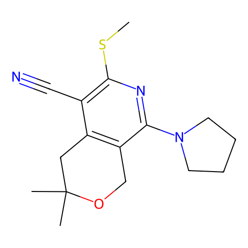 3,3-dimethyl-6-(methylsulfanyl)-8-(pyrrolidin-1-yl)-3,4-dihydro-1H-pyrano[3,4-c]pyridine-5-carbonitrile structure