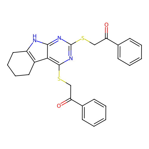 2,2'-((6,7,8,9-tetrahydro-5H-pyrimido[4,5-b]indole-2,4-diyl)bis(sulfanediyl))bis(1-phenylethanone) structure