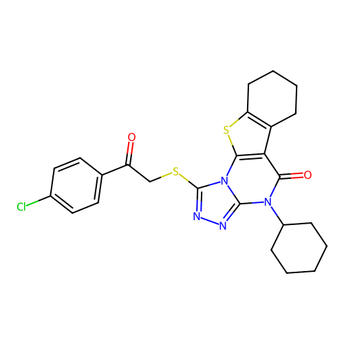 1-((2-(4-chlorophenyl)-2-oxoethyl)thio)-4-cyclohexyl-6,7,8,9-tetrahydrobenzo[4,5]thieno[3,2-e][1,2,4]triazolo[4,3-a]pyrimidin-5(4H)-one structure