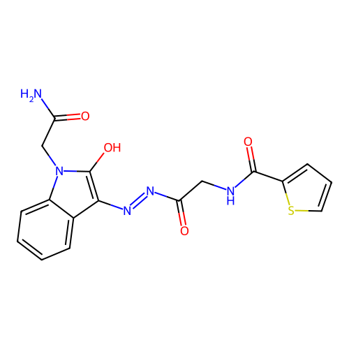 (Z)-N-(2-(2-(1-(2-amino-2-oxoethyl)-2-oxoindolin-3-ylidene)hydrazinyl)-2-oxoethyl)thiophene-2-carboxamide structure