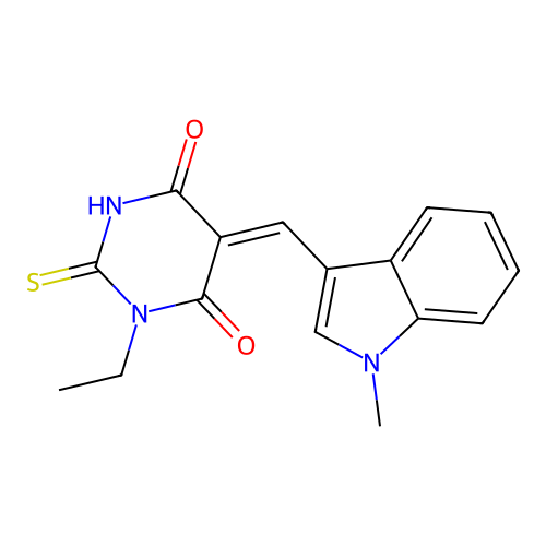 (Z)-1-ethyl-5-((1-methyl-1H-indol-3-yl)methylene)-2-thioxodihydropyrimidine-4,6(1H,5H)-dione structure
