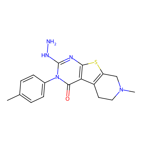 2-hydrazinyl-7-methyl-3-(4-methylphenyl)-5,6,7,8-tetrahydropyrido[4',3':4,5]thieno[2,3-d]pyrimidin-4(3H)-one structure