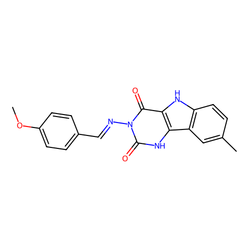 (E)-3-((4-methoxybenzylidene)amino)-8-methyl-1H-pyrimido[5,4-b]indole-2,4(3H,5H)-dione structure