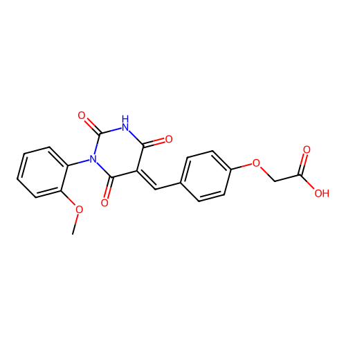 (4-{(E)-[1-(2-methoxyphenyl)-2,4,6-trioxotetrahydropyrimidin-5(2H)-ylidene]methyl}phenoxy)acetic acid structure