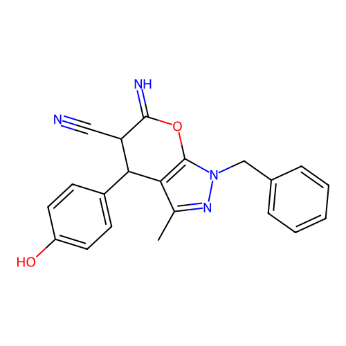 1-benzyl-4-(4-hydroxyphenyl)-6-imino-3-methyl-1,4,5,6-tetrahydropyrano[2,3-c]pyrazole-5-carbonitrile structure