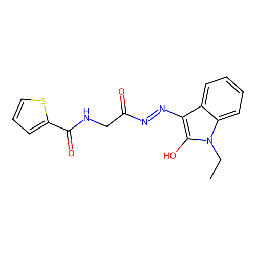 N-[2-[(2E)-2-(1-ethyl-2-oxoindol-3-ylidene)hydrazinyl]-2-oxoethyl]thiophene-2-carboxamide structure