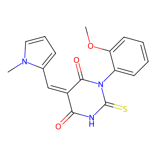 (Z)-1-(2-methoxyphenyl)-5-((1-methyl-1H-pyrrol-2-yl)methylene)-2-thioxodihydropyrimidine-4,6(1H,5H)-dione structure
