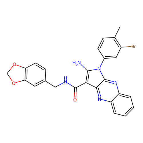 2-amino-N-(1,3-benzodioxol-5-ylmethyl)-1-(3-bromo-4-methylphenyl)-1H-pyrrolo[2,3-b]quinoxaline-3-carboxamide structure