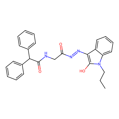 N-[[(2-oxo-1-propyl-indol-3-ylidene)amino]carbamoylmethyl]-2,2-diphenyl-acetamide structure