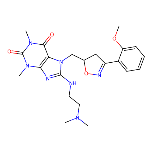 8-((2-(dimethylamino)ethyl)amino)-7-((3-(2-methoxyphenyl)-4,5-dihydroisoxazol-5-yl)methyl)-1,3-dimethyl-1H-purine-2,6(3H,7H)-dione structure