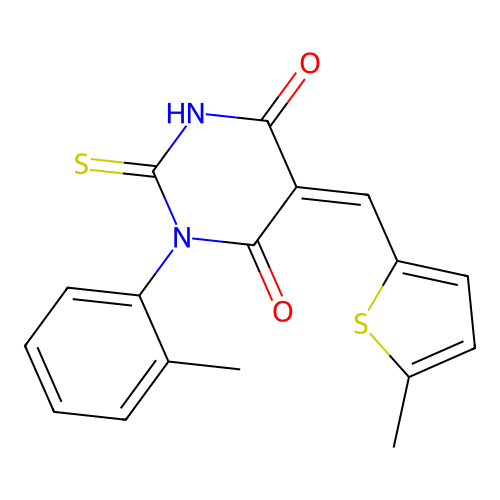 (5Z)-1-(2-methylphenyl)-5-[(5-methylthiophen-2-yl)methylidene]-2-sulfanylidene-1,3-diazinane-4,6-dione structure