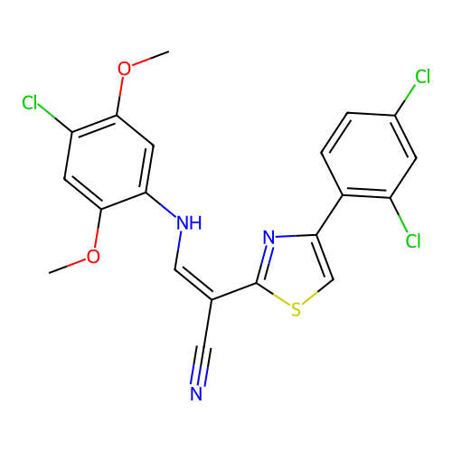(2Z)-3-[(4-chloro-2,5-dimethoxyphenyl)amino]-2-[4-(2,4-dichlorophenyl)-1,3-thiazol-2-yl]prop-2-enenitrile structure